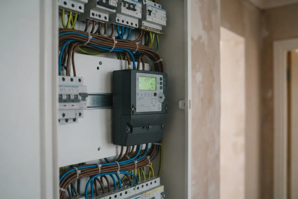 Ein digitaler Stromzähler im Zählerschrank eines Haushalts